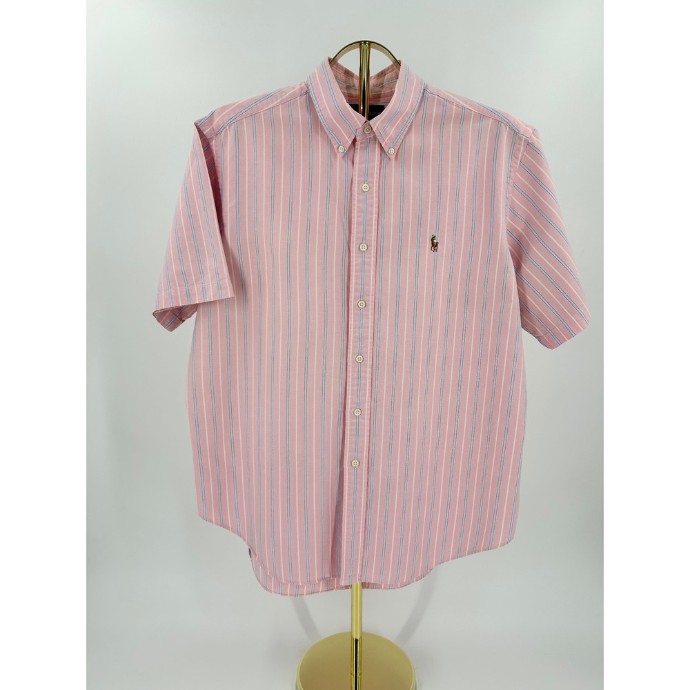Ralph Lauren Mens XL Classic Fit Striped Short Sleeve Button Down Shirt Pink